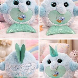 Sparkly Blue Narwhal Mermaid Plush Pillow Toy Glitter Fins Big Eyes